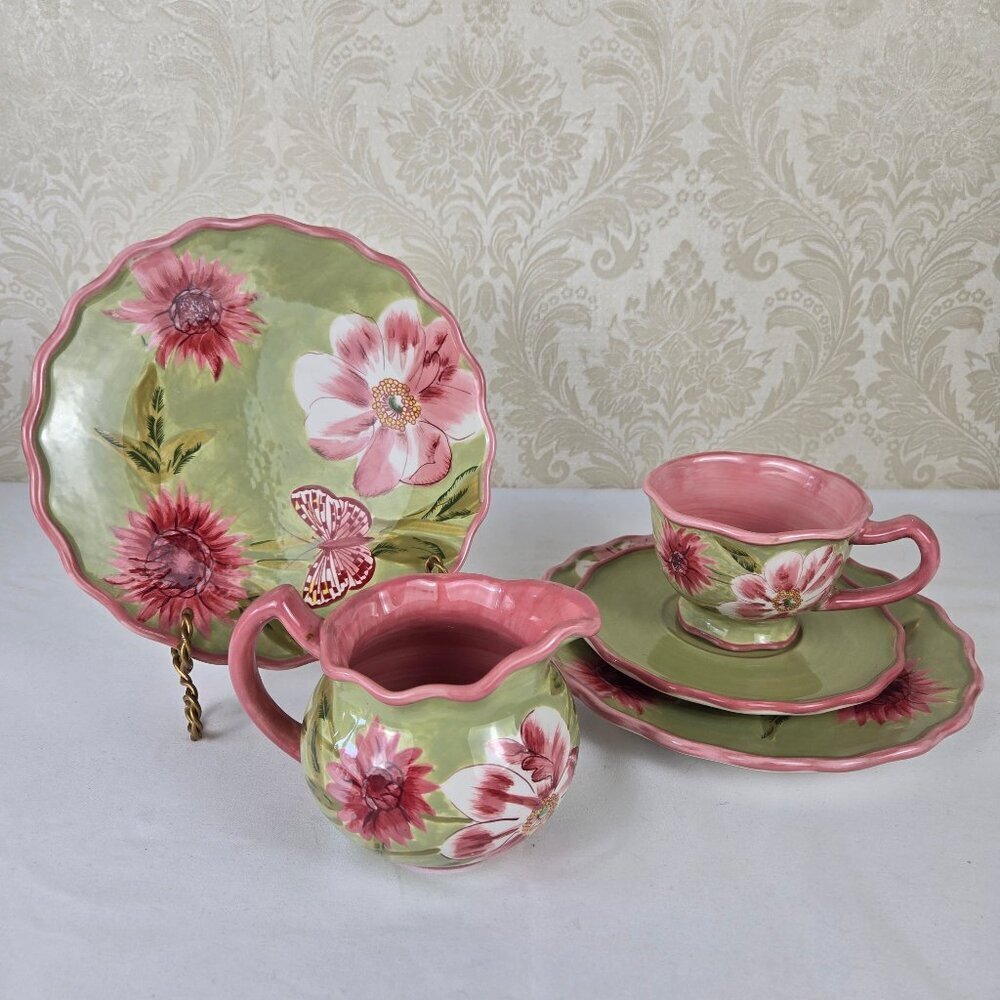 April Cornell Pink Flower Set 2 Snack Plates, Cup & Saucer, Creamer Contemporary